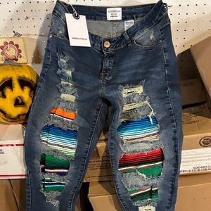 Distressed Skinny Jeans with Multicolor Patches